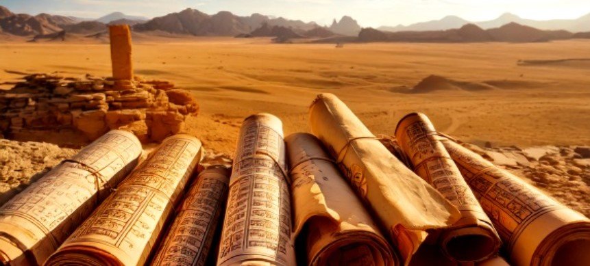 Ancient scrolls and manuscripts spread across a desert landscape