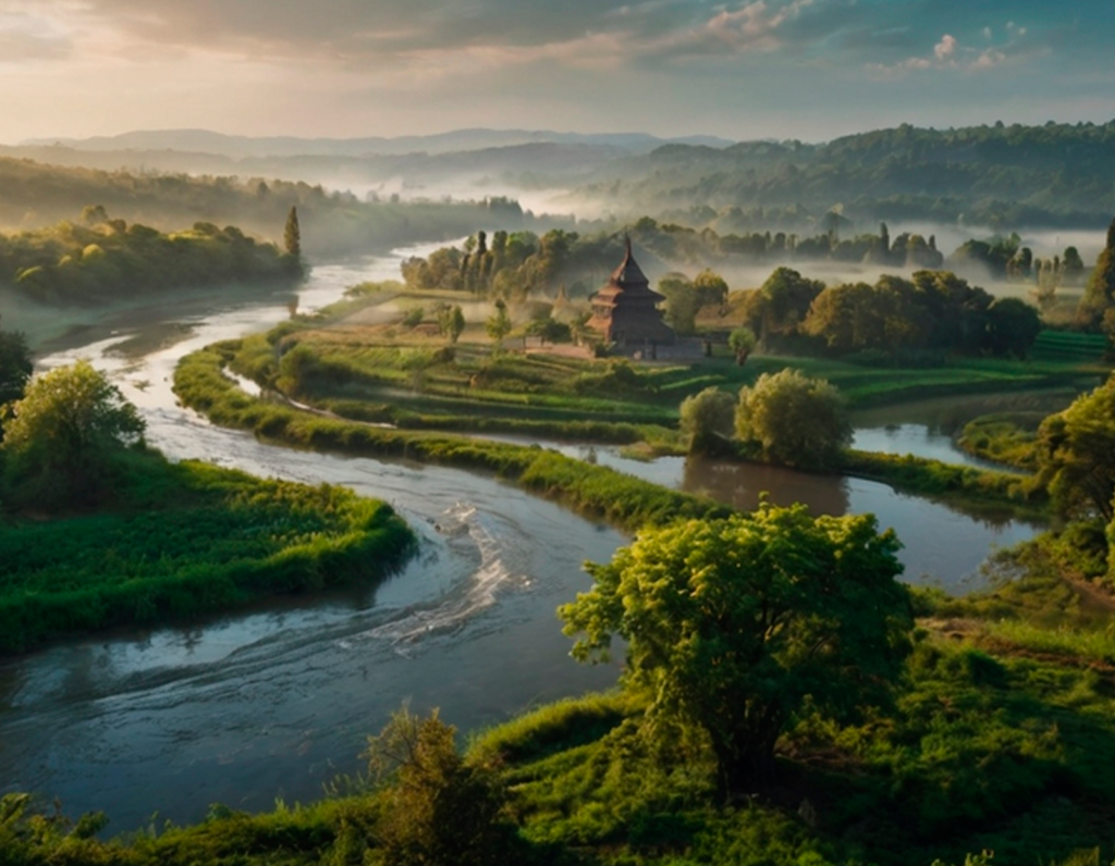 Underground cave illuminated by ethereal blue-green light with moss and water