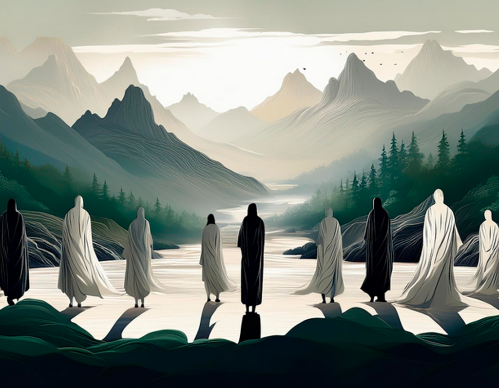 Robed figures gathered on a hillside representing supernatural entities