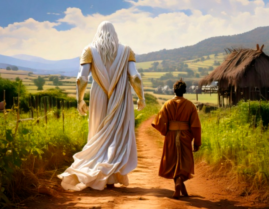 Two robed figures walking together on a dusty path through an ancient landscape