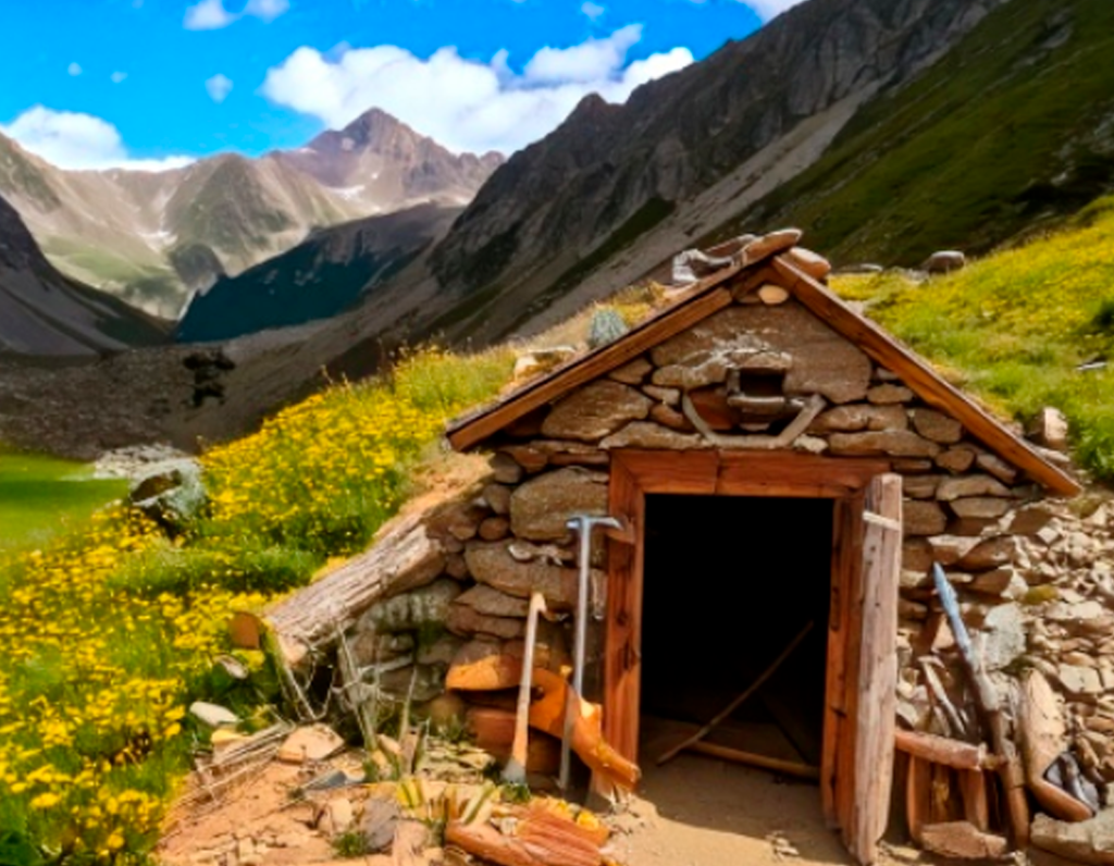Rustic stone shelter nestled in a mountain setting with wildflowers