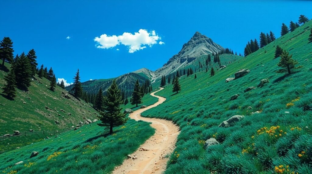 A trail winding uphill through a green mountain valley.