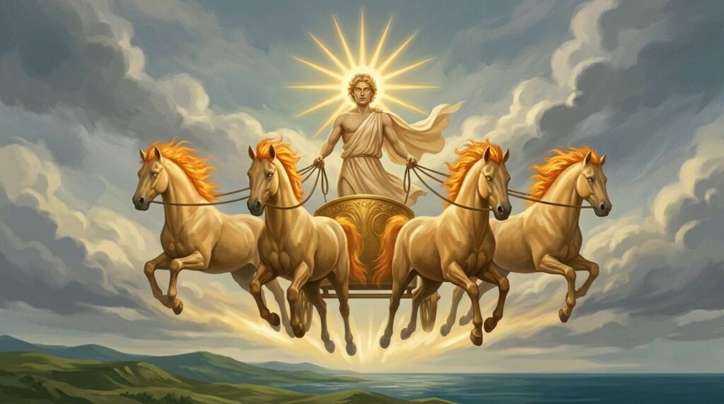 Painterly image of the sun-god Helios rising over the sea at dawn in a four-horse chariot, a radiate crown of golden rays around his head.