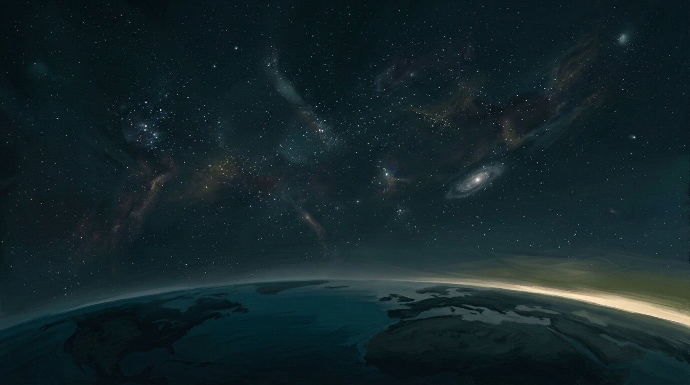 A shadowed earth beneath a vast star-filled cosmos with dawn breaking on the horizon — the unseen struggle set in two realms, earth below and the heavenly places above.