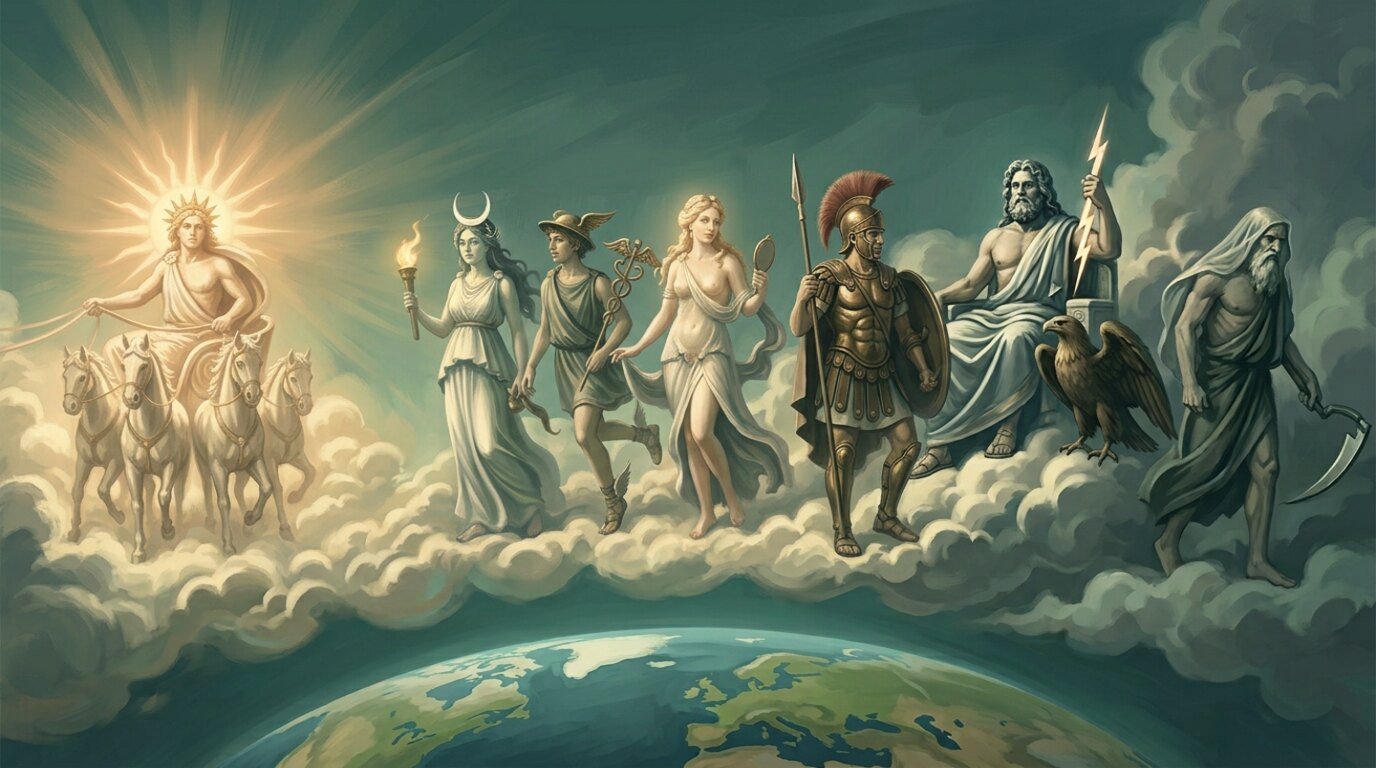 A row of Greco-Roman sky-gods above the earth — Helios, Zeus, and others — the many faces that bore the title of cosmic world-ruler.