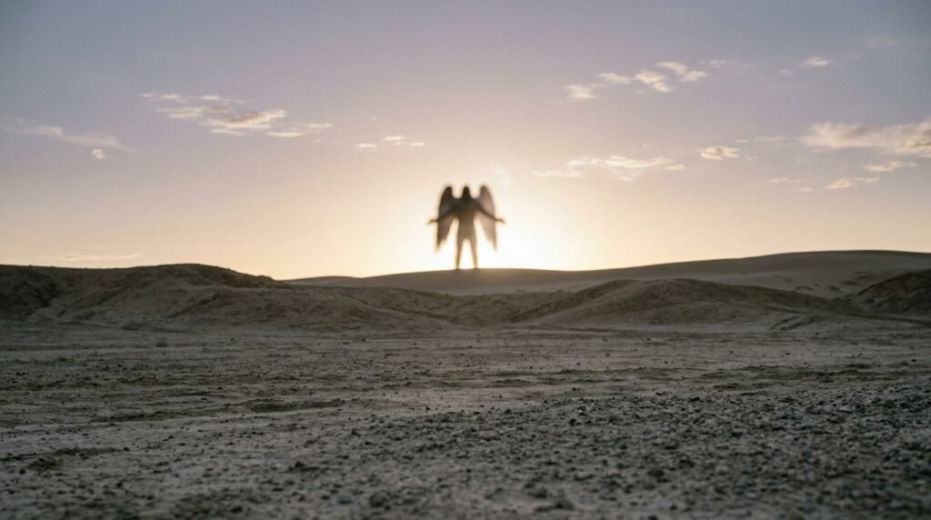 A winged figure on a distant desert ridge, backlit by a low sun, its form indistinct — a reason for caution with the unseen.